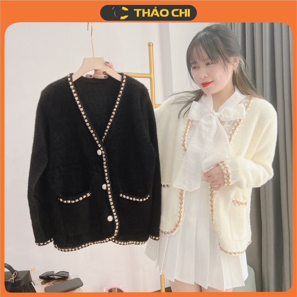 Áo khoác len lông thỏ cổ tim viền vặn kim tuyến Thảo chi chất len mịn dày dặn