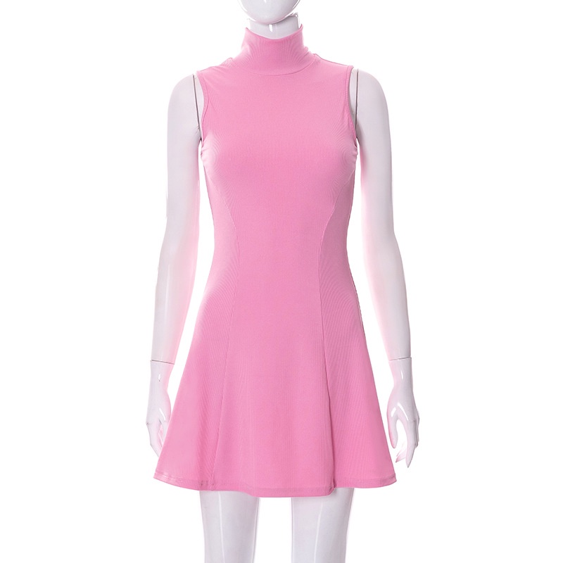 Đầm Sát Nách Cổ Cao Màu Trơn Thiết Kế Xếp Ly Thời Trang Đường Phố Cho Nữ