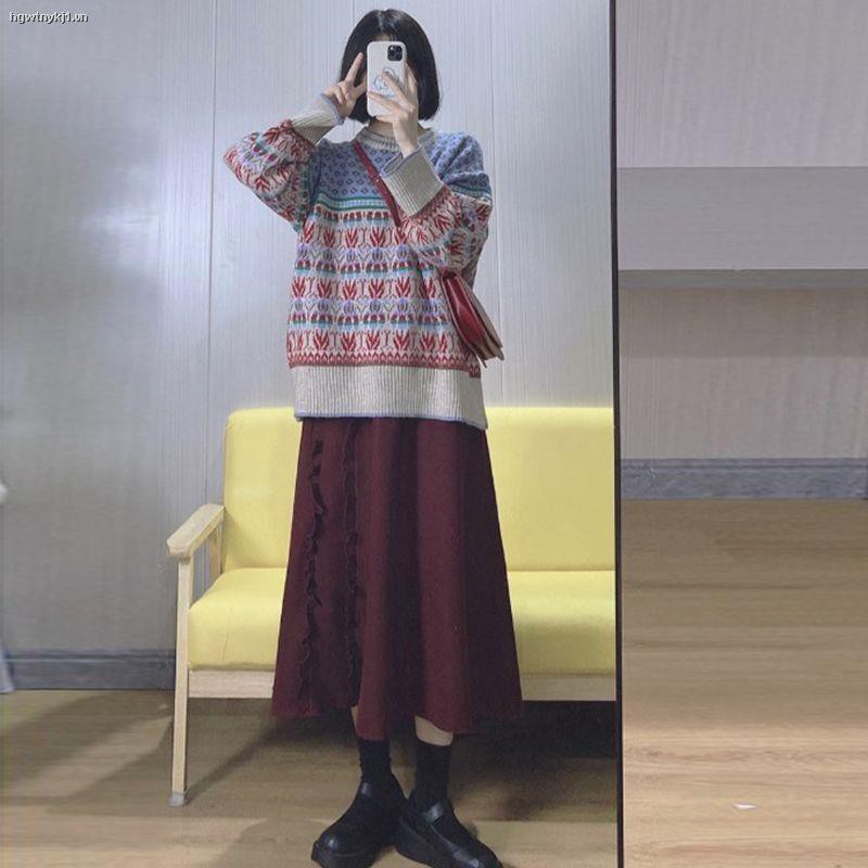 Chân váy dài lưng cao màu sắc retro phong cách nhật bản thời trang cho nữ