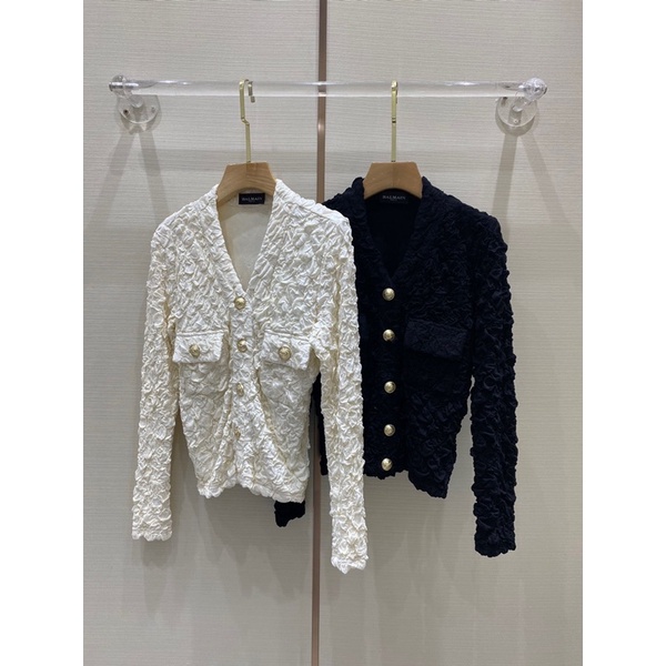 Áo nữ dài tay cổ tim chất liệu vải nhún phồng thương hiệu thời trang cao cấp Balmain