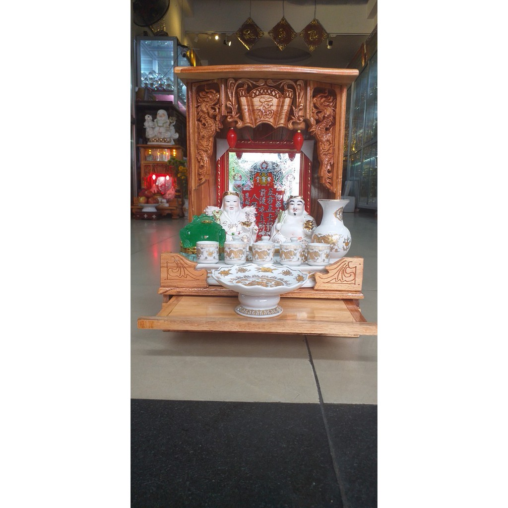 COMBO Bàn Thờ Thần Tài Ông Địa giá rẻ đẹp gỗ Xoan cao 50,ngang 35,Bộ Combo 10 món - Đồ Thờ Thắng Duyên Đại Phát