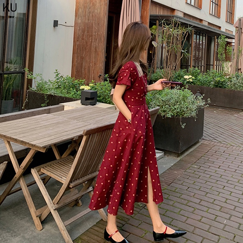 Đầm Dài Cổ Vuông Tay Ngắn Phồng In Họa Tiết Hoa Thời Trang Mùa Hè Xinh Xắn Cho Nữ