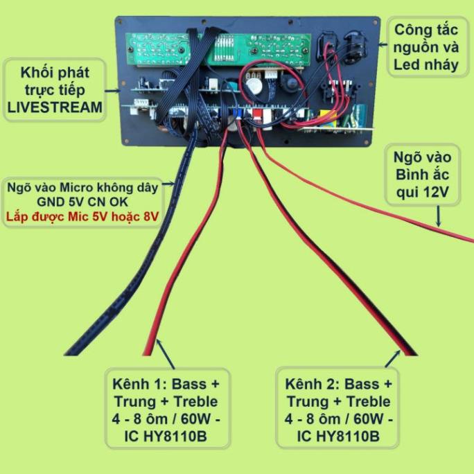 Mạch loa kéo Livestream 2 kênh riêng biệt 2 IC HY8110B 60W + 60W DSP lập trình chống hú có nguồn xung 220V