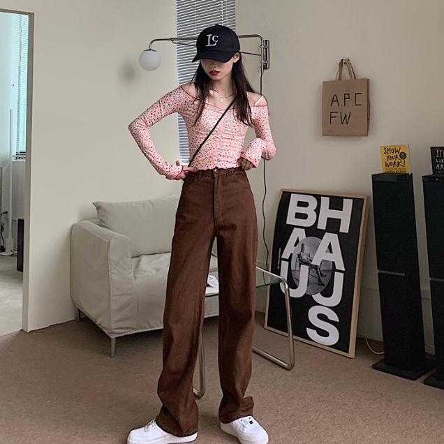 Quần jeans dài IHKKE ống rộng thời trang cổ điển dành cho nữ