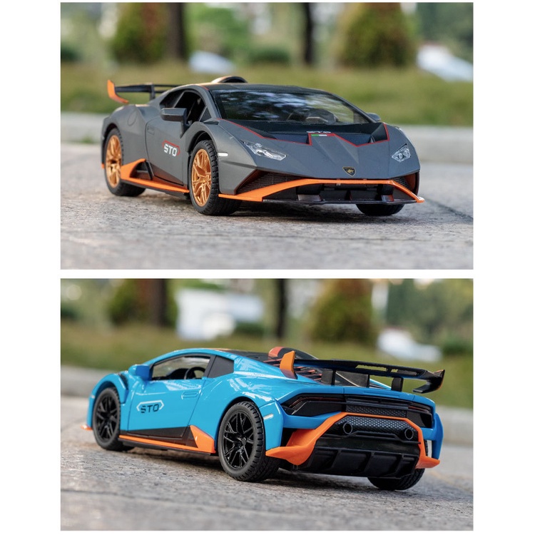Xe ô tô mô hình Lamborghini Huracan STO tỉ lệ 1:24 khung thân hợp kim lốp cao su mở full cửa có đèn âm thanh