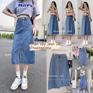 Chân váy jean xanh nhạt xẻ trước thiết kế 2 túi ốp chân váy jean dáng dài hàn quốc