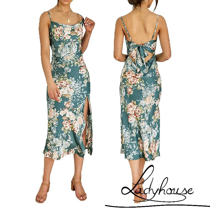 Đầm Hai Dây In Hoa Hở Lưng Thời Trang Mùa Hè Tinh Tế Cho Nữ