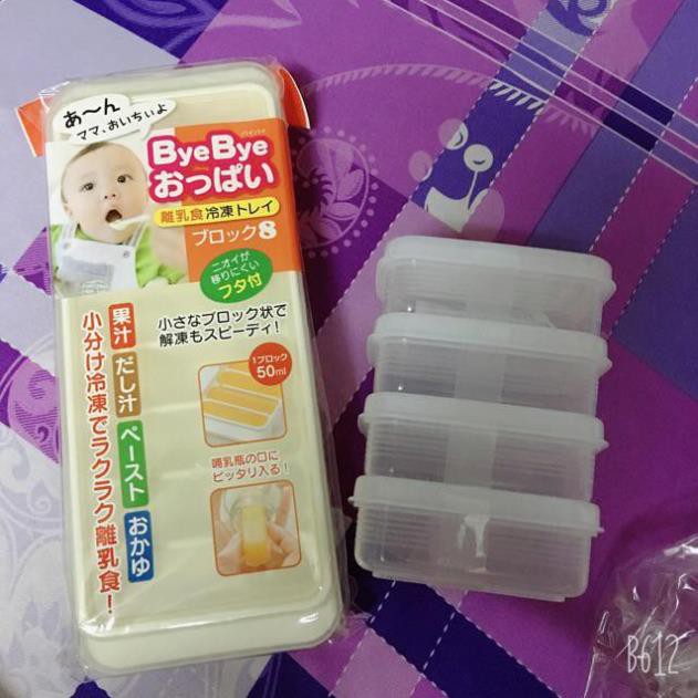 Combo ăn dặm Nhật: 1 Khay trữ đông 8 ngăn KOKUBO và Set 4 Hộp vuông (R) trữ thức ăn NAKAYA 100ml - KBN