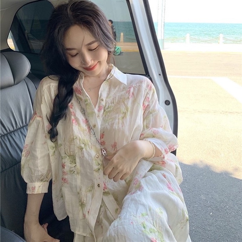 Set áo sơmi váy hoa dáng dài ulzzang
