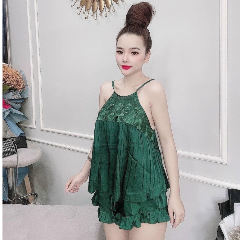 Đồ ngủ sexy Laem Sleepwear - Set ngủ yếm lụa satin 2 dây dập ly phối ren freesize (ảnh thật +video) | BigBuy360 - bigbuy360.vn