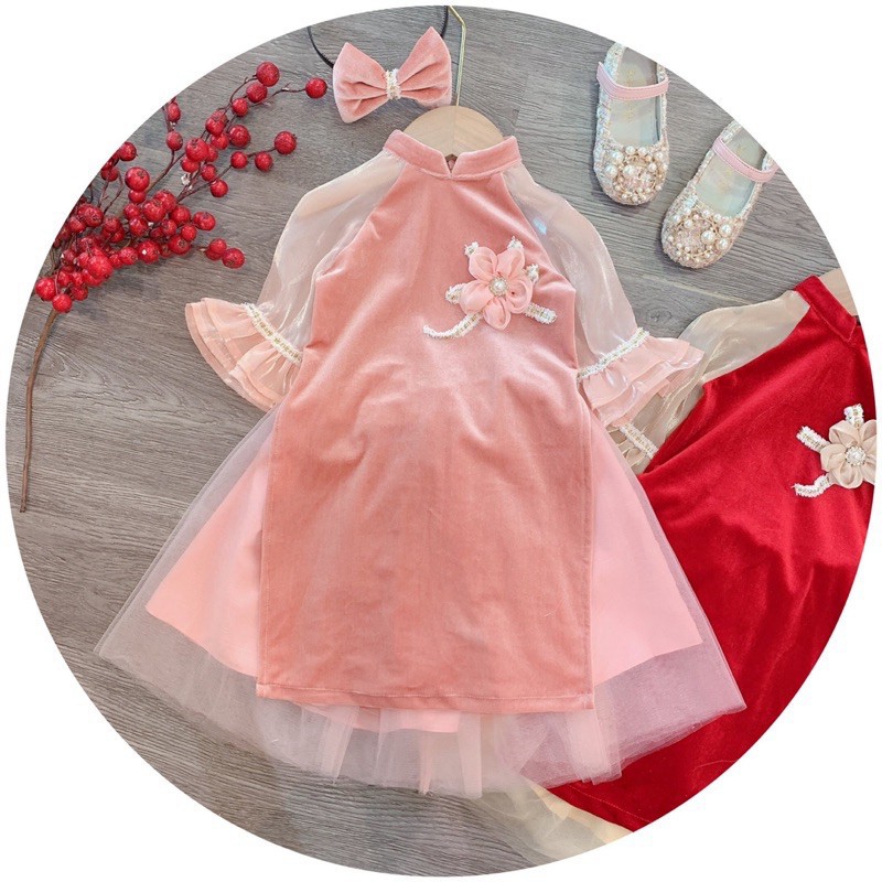 Áo dài nhung 2 màu hồng đỏ dành cho nữ