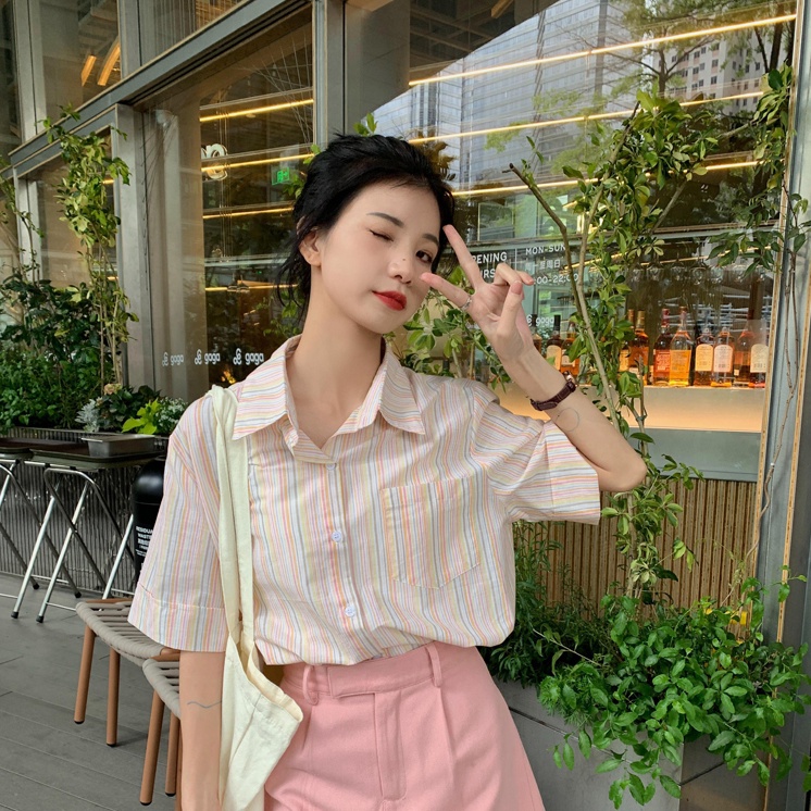 Áo Sơ Mi Tay Ngắn Dáng Rộng Họa Tiết Kẻ Sọc Đơn Giản Thời Trang Mùa Hè Cho Nữ