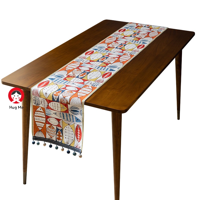 Khăn trải bàn polyester in hình cá phối tua rua trang trí năm mới thời trang