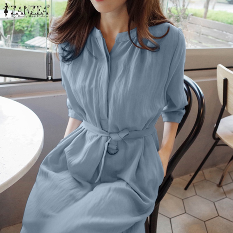 Đầm midi Zanzea tay 3/4 cổ tròn dáng rộng thời trang cho nữ
