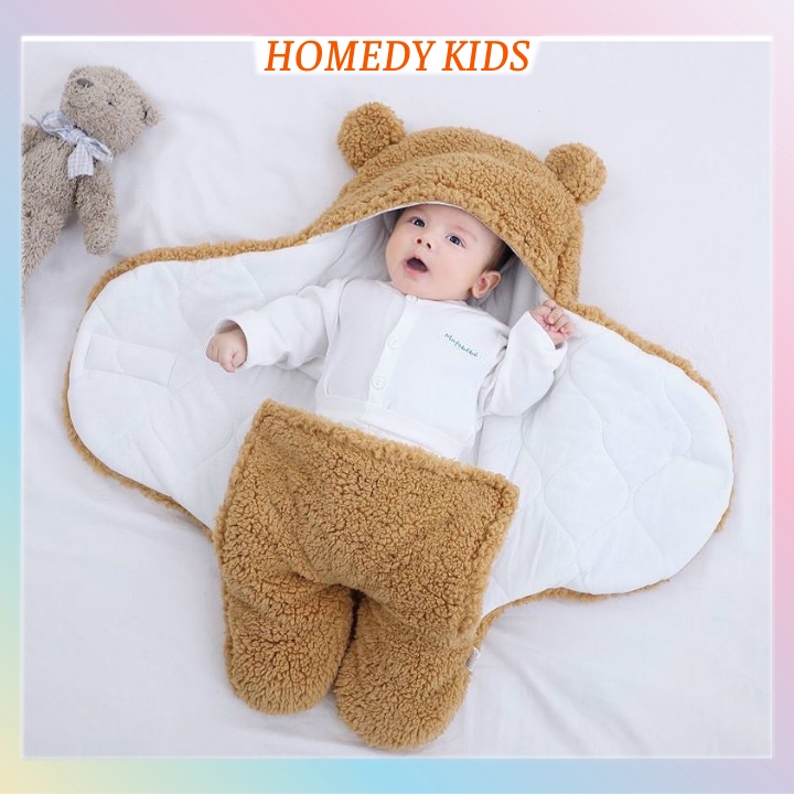 Chăn Ủ Gấu Lông Cừu Chần Bông Có Chân Cho Bé Body Lông Ủ Cho Trẻ Sơ Sinh Loại Dày Siêu Ấm Homedy Kids