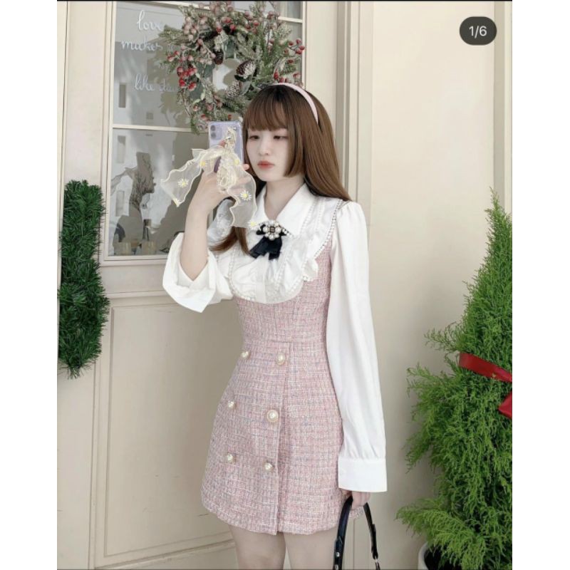Váy dạ tweed hồng áo sơ mi  tag nơ kẻ hồng kèm ảnh thật MS101