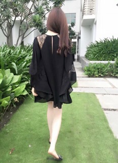 [có ảnh thật] Đầm voan phối ren tay loe