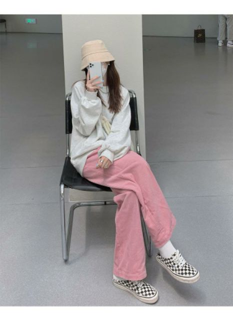 [Sẵn ib] Quần dài thu đông ống rộng nhung gân cạp chun màu hồng đất trẻ trung dễ thương | BigBuy360 - bigbuy360.vn