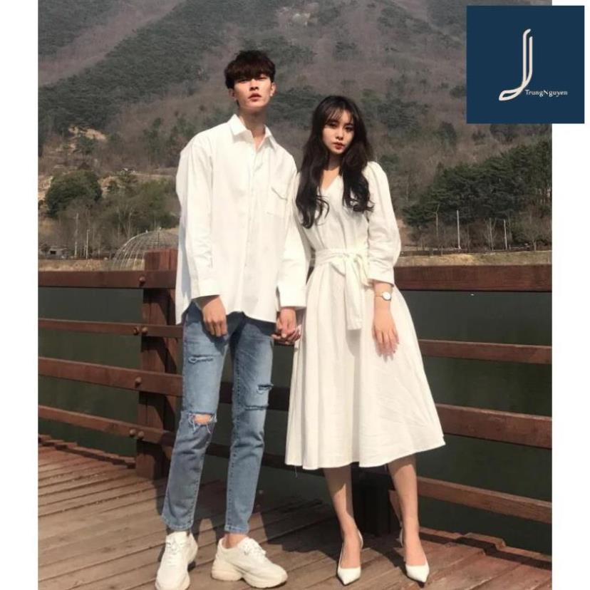 Áo đôi áo cặp, Váy sơ mi nam nữ dễ thương chụp ảnh đi biển màu trắng Hàn Quốc couple dự tiệc LCA