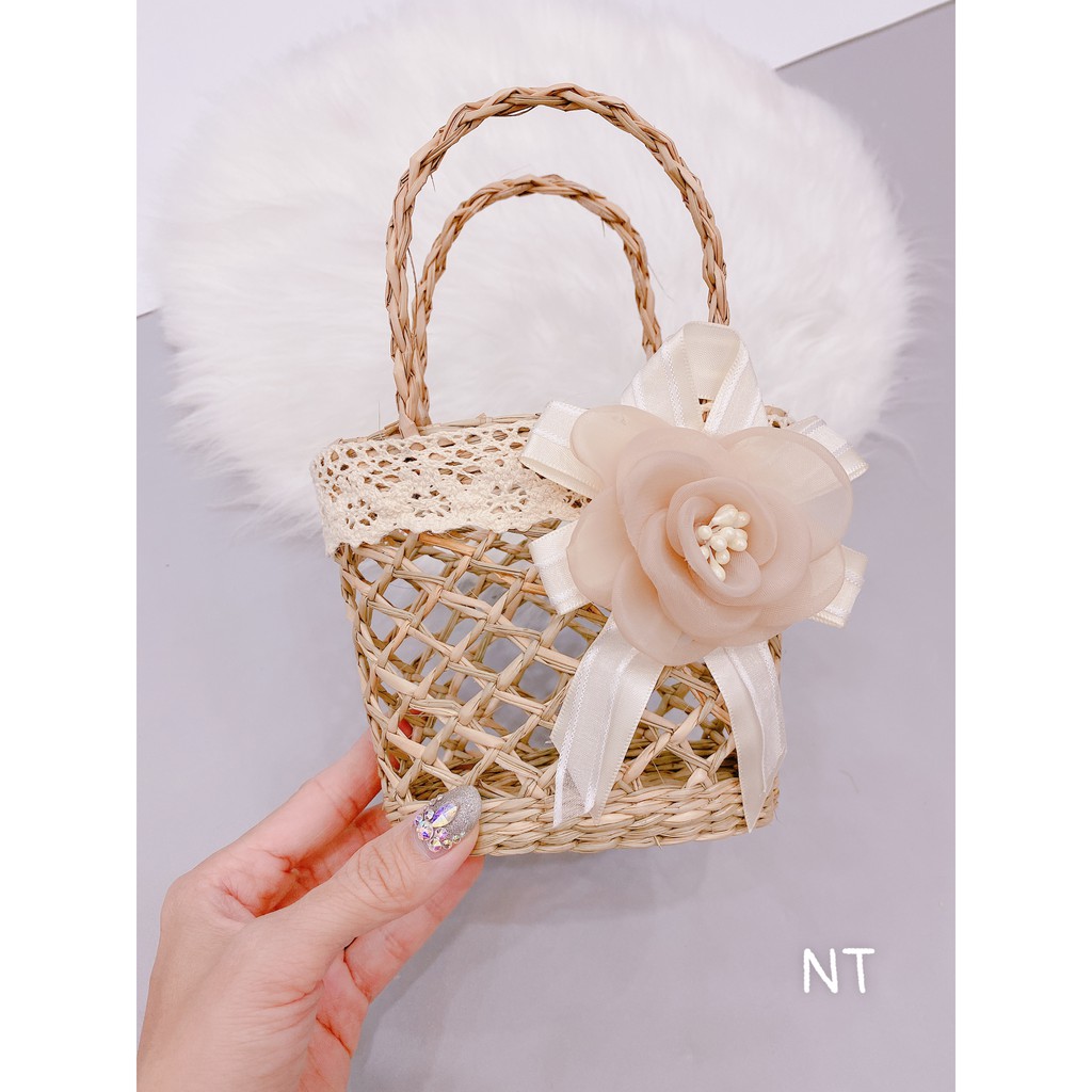 Túi cói hoa trà Vintage, túi cói đi biển, du lịch, đựng đồ kiểu đan mây kèm hoa xinh xắn