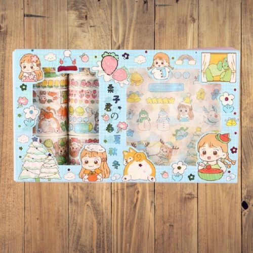 Hộp sticker cute washi tape băng keo trang trí sổ tay set 10 cuộn washi 10 sicker hình dán chống nước dễ thương