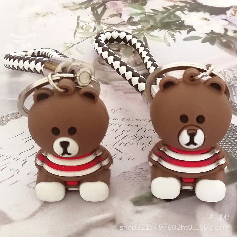 Móc khóa gấu nâu chất liệu PVC kèm dây thừng cute