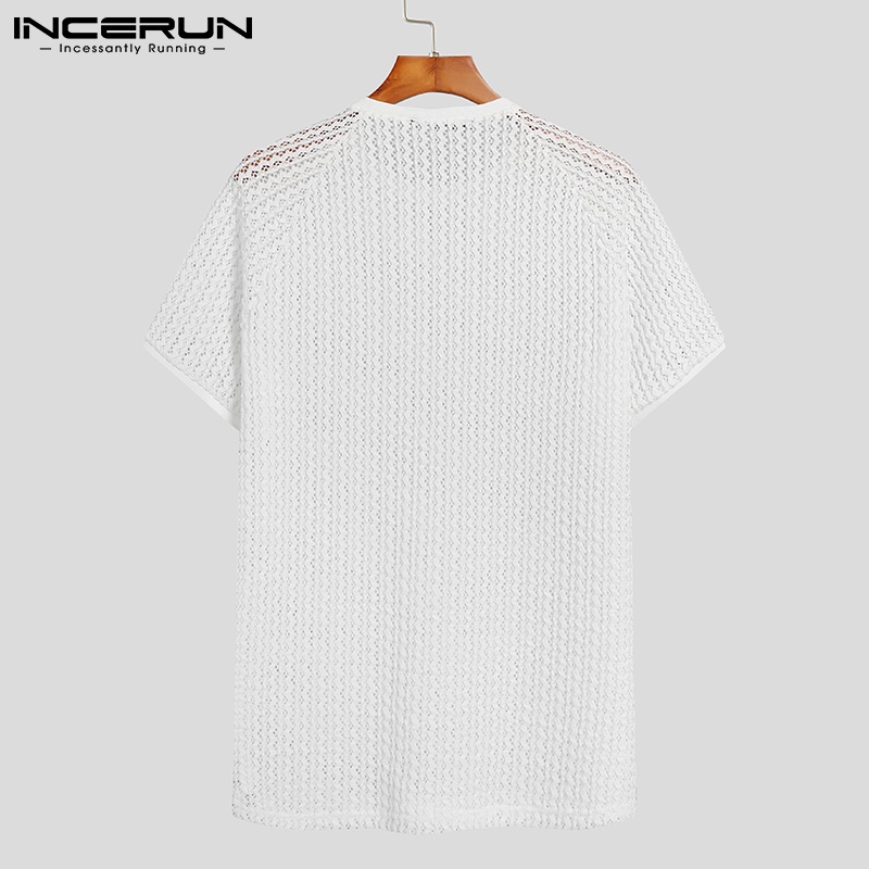 Áo kiểu INCERUN thiết kế tay ngắn trơn màu có lỗ xuyên thấu dành cho nam mùa hè