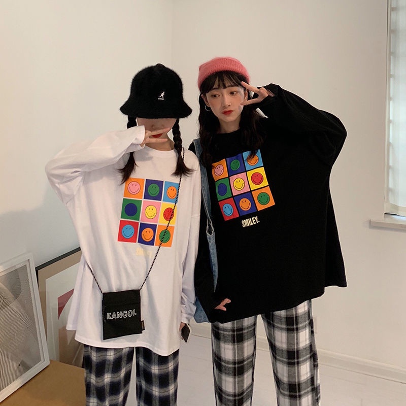 Set Áo Thun Tay Dài Dáng Rộng + Quần ống rộng Họa Tiết Sọc Caro Thời Trang Cho Nữ