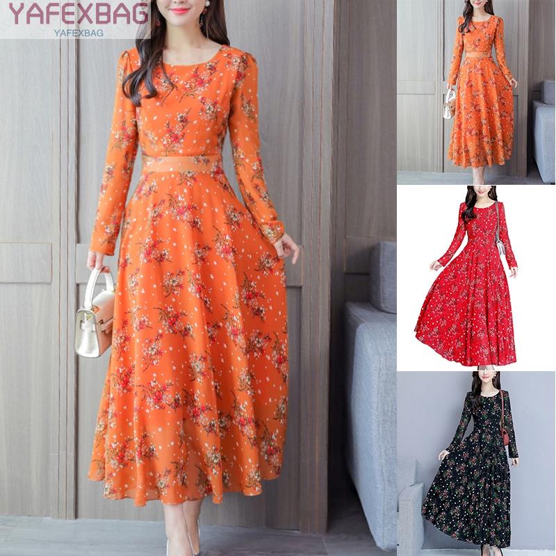 Korean version of the new  Summer Womens Casual Round Neck Long Sleeve Waist Floral Printing Long Dress