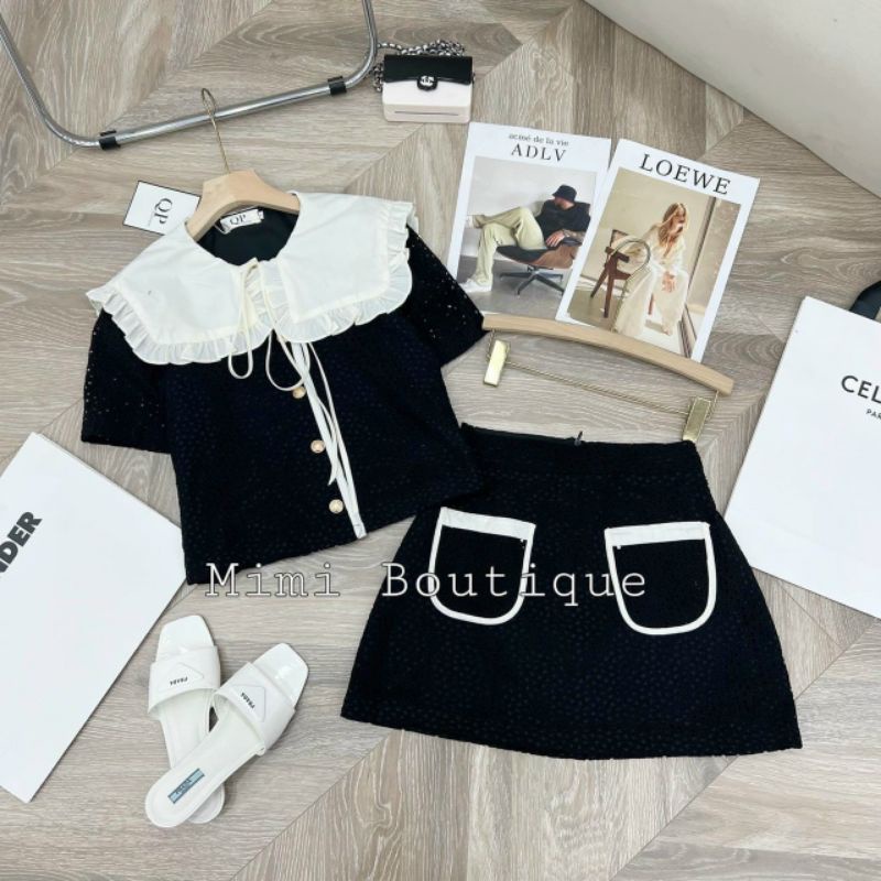 Set áo cổ thủy thủ tiểu thư chân váy phối túi còn nu