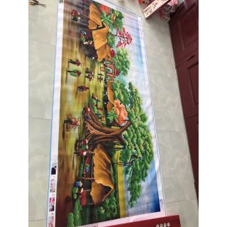 Tranh đính đá phong cảnh chợ quê thành phẩm 2mx90cm