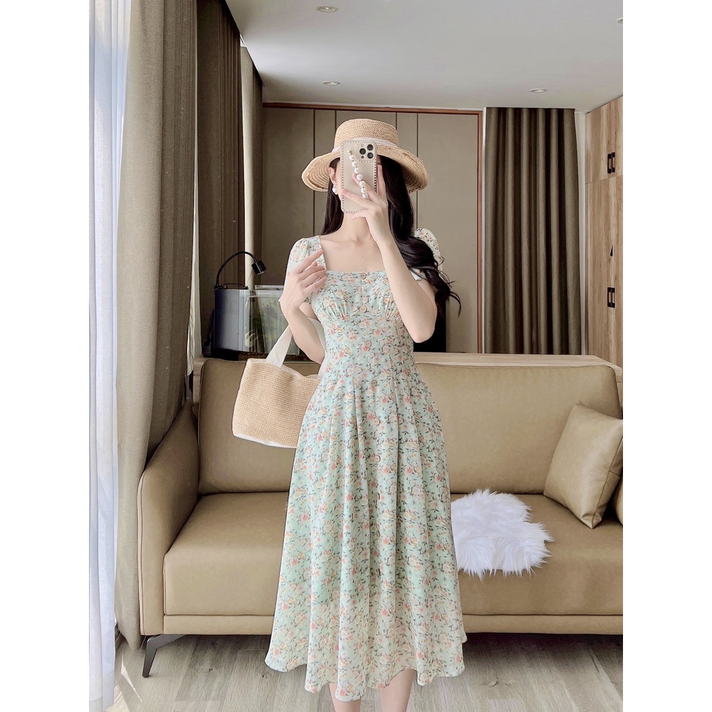 D138 VÁY CỔ VUÔNG HOA XANH