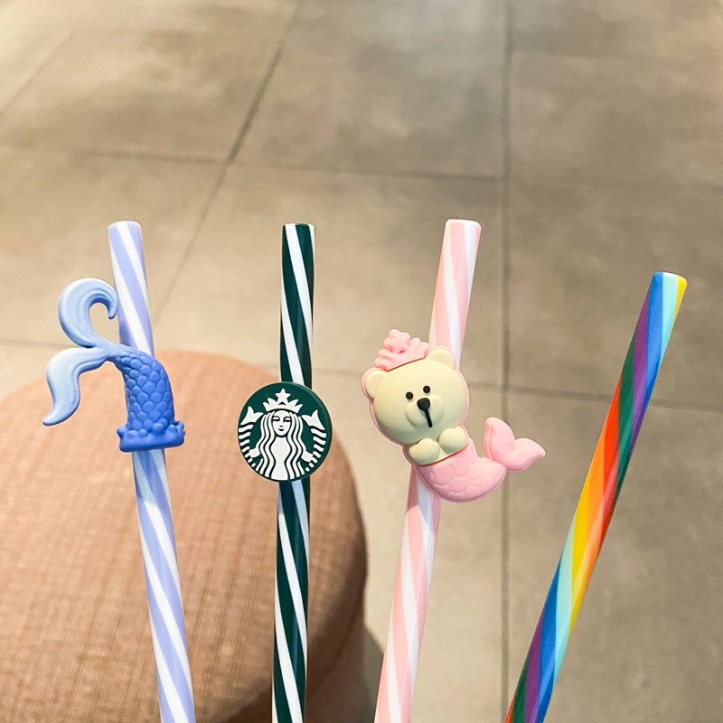 Ống hút nhựa sọc vằn có phụ kiện gắn hình đuôi tiên cá gấu