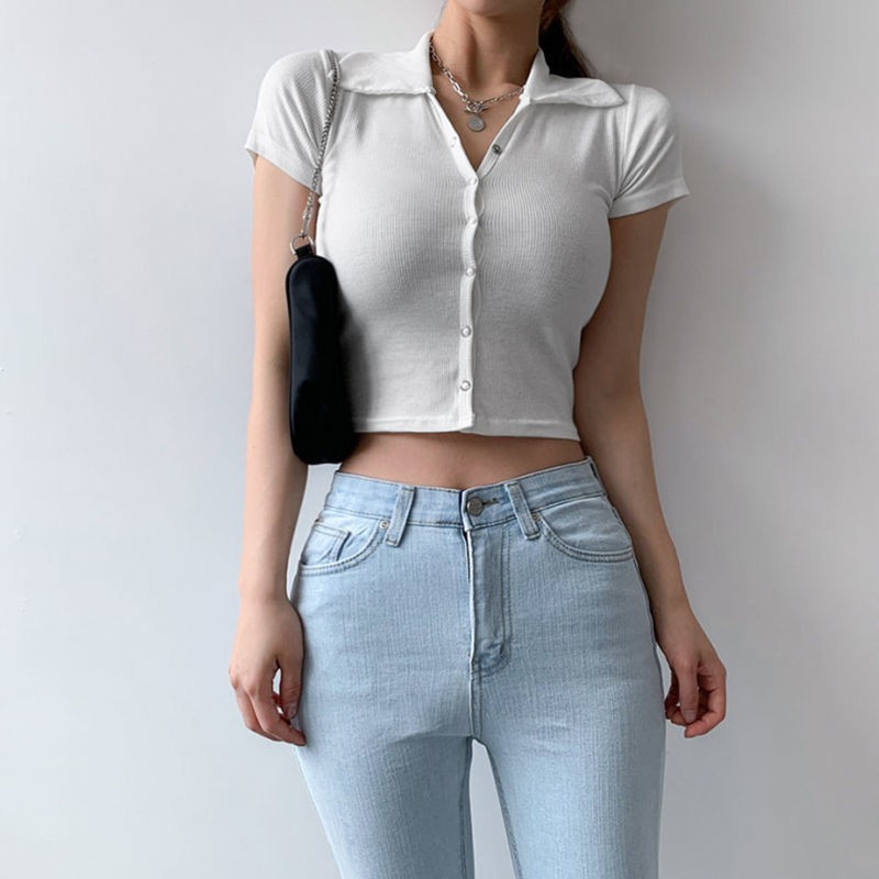 Korean version of simple short-sleeved sweater women's short slim fit cardigan lapel casual all-match jacket women summer