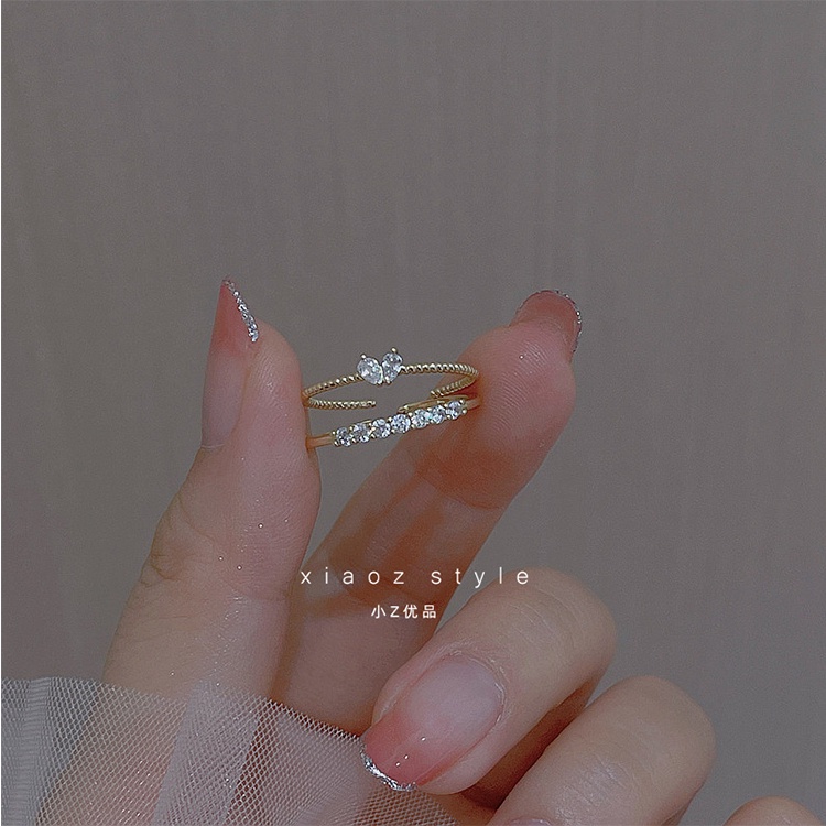 Set 2 Nhẫn Đính Đá Zircon Hình Trái Tim Có Thể Điều Chỉnh Phong Cách Hàn Quốc