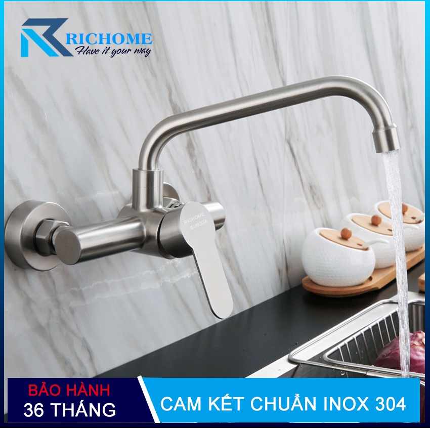 Vòi rửa chén bát nóng lạnh gắn tường chất liệu inox 304 nguyên khối mã-QH-CF038