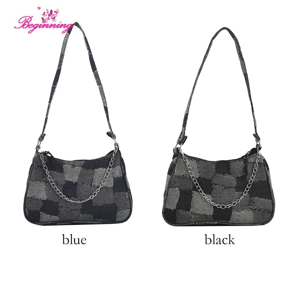 ❀beginning❀Exquisite Women Denim Hit Color Shoulder Underarm Bag Grid Chain Handbags❀