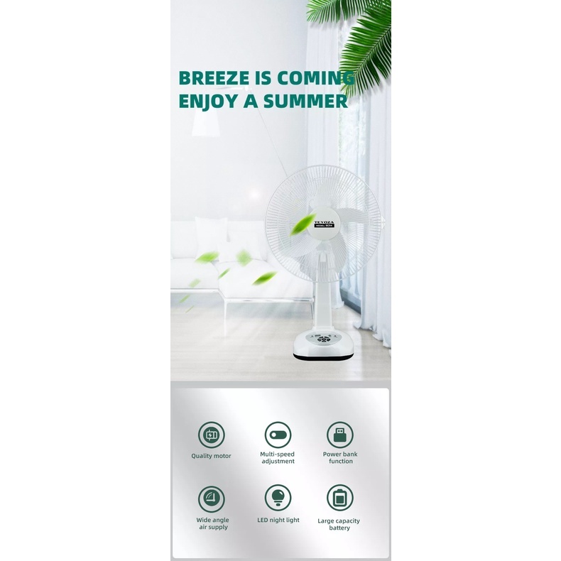 Quạt Tích Điện 5 Cánh 14 inch LÊN ĐẾN 15H CHẠY ÊM - TEYOZA Model S014 - BH 6 tháng Checked By Vinacontrol