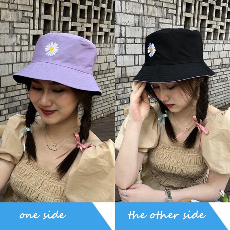 Mũ Bucket chống nắng thêu họa tiết hoa cúc hai mặt bằng cotton thời trang
