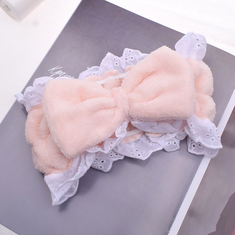 Băng đô phối ren đính nơ phong cách Hàn Quốc xinh xắn dùng rửa mặt tiện dụng