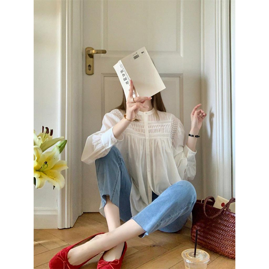 Áo Sơ Mi Trắng Tay Phồng Xếp Ly Kiểu Pháp Thời Trang Mùa Xuân Kiểu Mới 62686