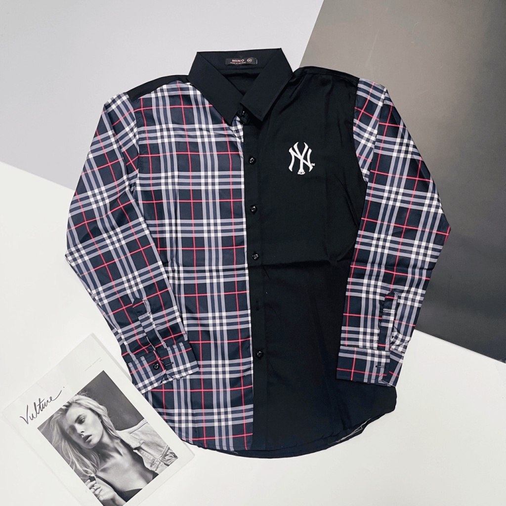 Áo Sơ Mi Nam Tay Dài Logo Thêu Sang Trọng Phối Nửa Sọc Caro Vải Lụa Cao Cấp Mềm Mịn Phong Cách Thời Trang Hot Trend Mới