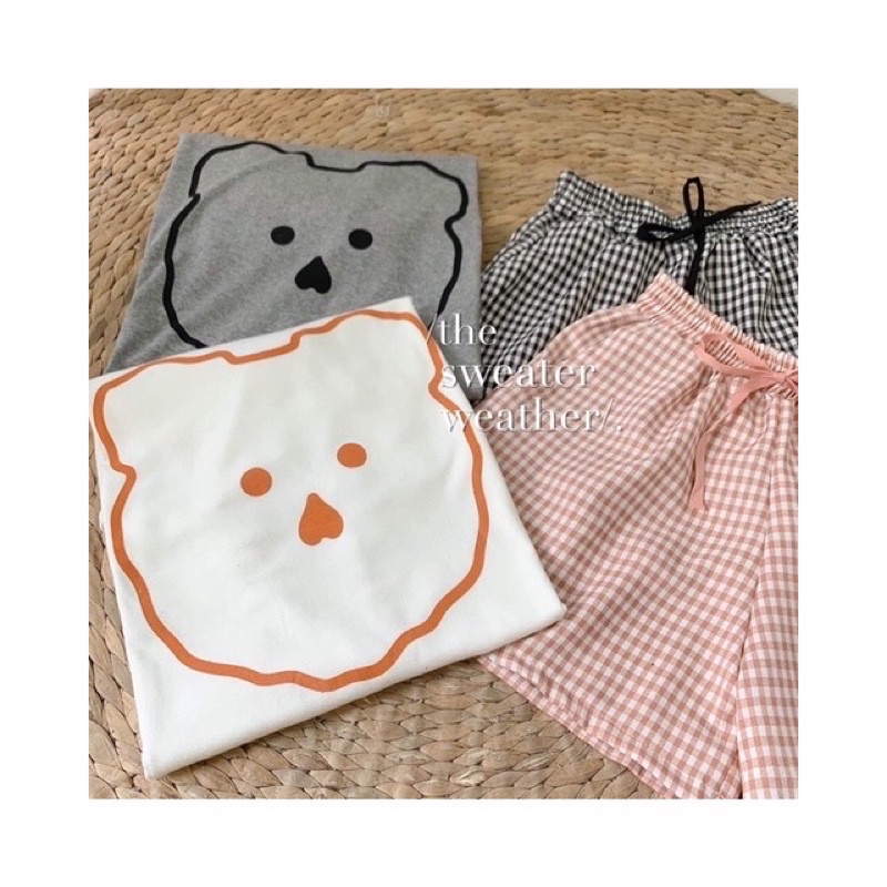 SET ĐỒ NGỦ áo gấu quần short kẻ ulzzang, bộ ngủ phông ( Ảnh thật )