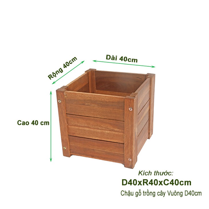 Chậu gỗ trồng cây, hình vuông, D40xR40xC40cm, gỗ Tràm chịu nước, tặng 2 hộp dưỡng hoa tươi lâu |Greenhome