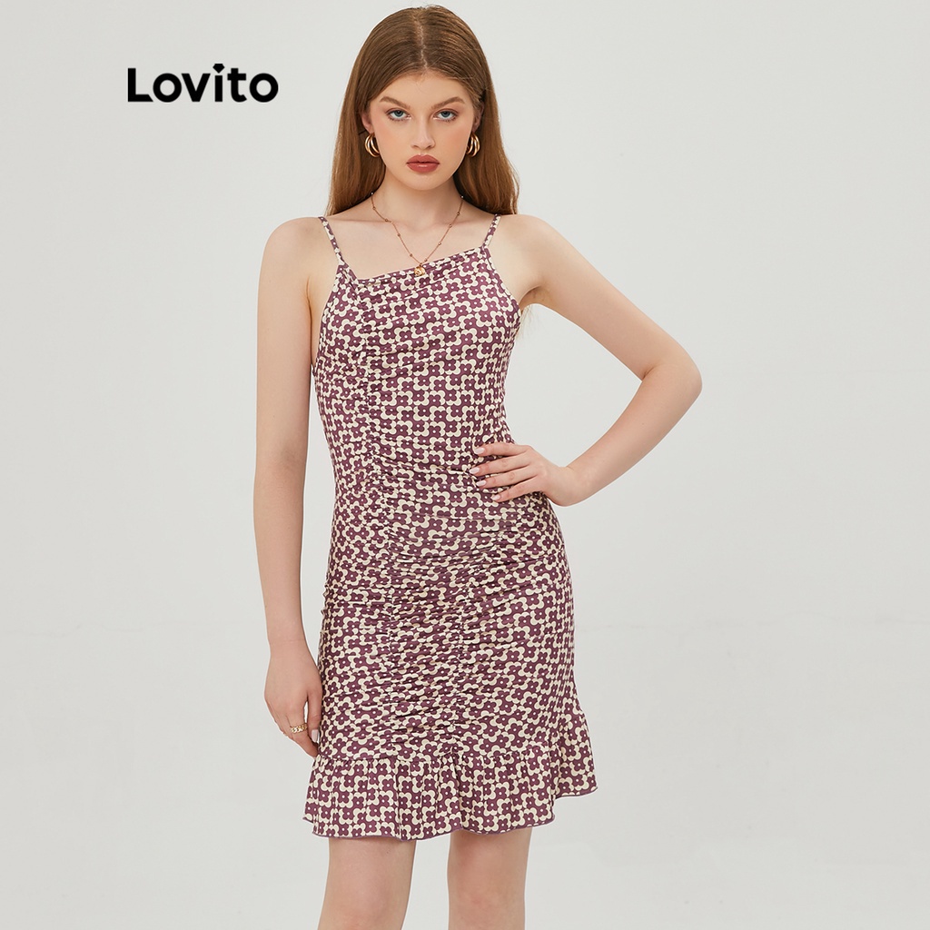 Lovito Đầm Xòe Xếp Nếp Họa Tiết Hình Học Cổ Điển L20E008 (Cà Phê)