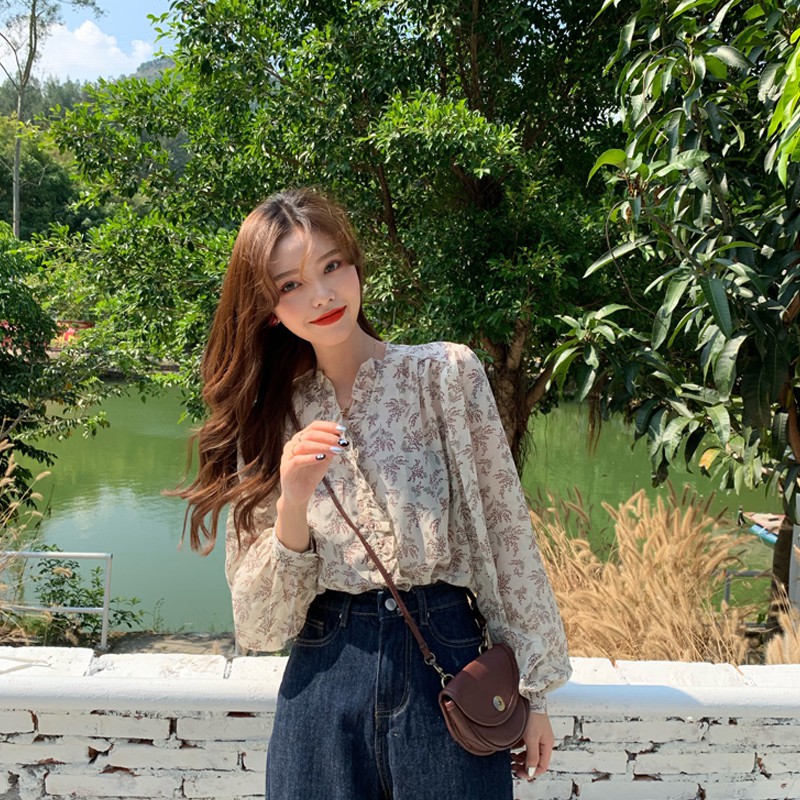Áo kiểu chất chiffon cổ V tay dài hoạ tiết hoa thời trang thanh lịch dành cho nữ