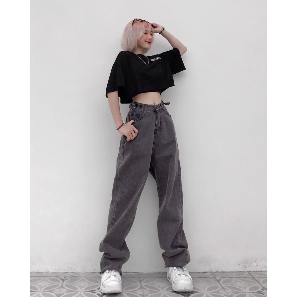 Quần jean nữ ống rộng lưng cao dáng suông xám (ẢNH THẬT) | BigBuy360 - bigbuy360.vn