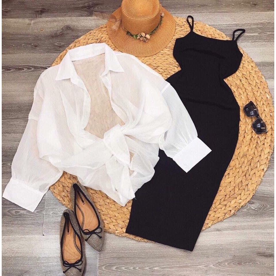 Váy Thun Body 2 Dây Kèm Áo Sơ Mi Khoác Ngoài Cá Tính [FREESIZE] | BigBuy360 - bigbuy360.vn