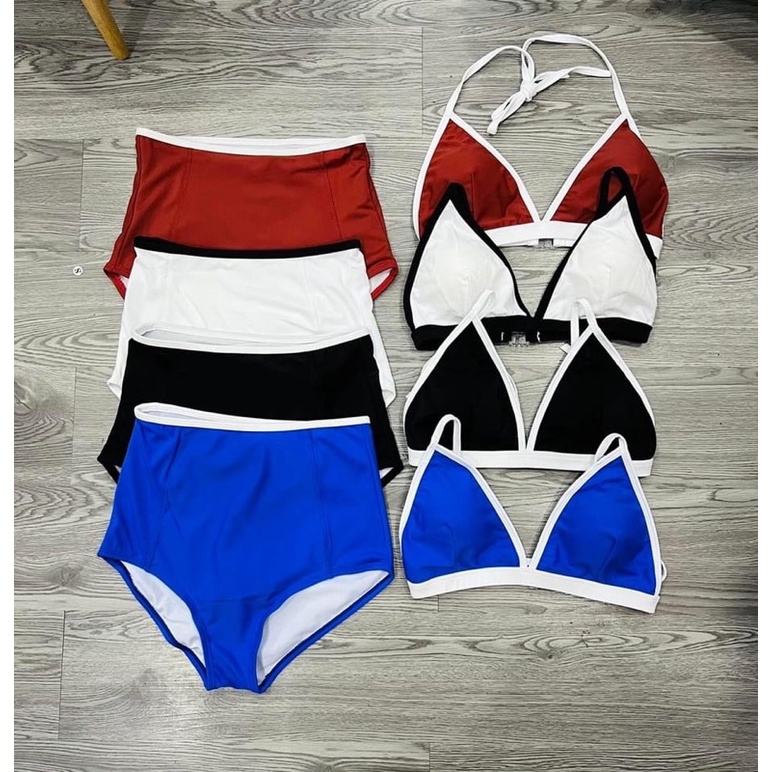 Set Bikini, Đồ Bơi Đi Biển Hai Mảnh Áo Tam Giác quần cạp cao Viền Trắng Secxy ODERI HM-063