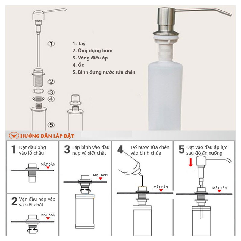 Bình xà bông âm chậu rửa chén